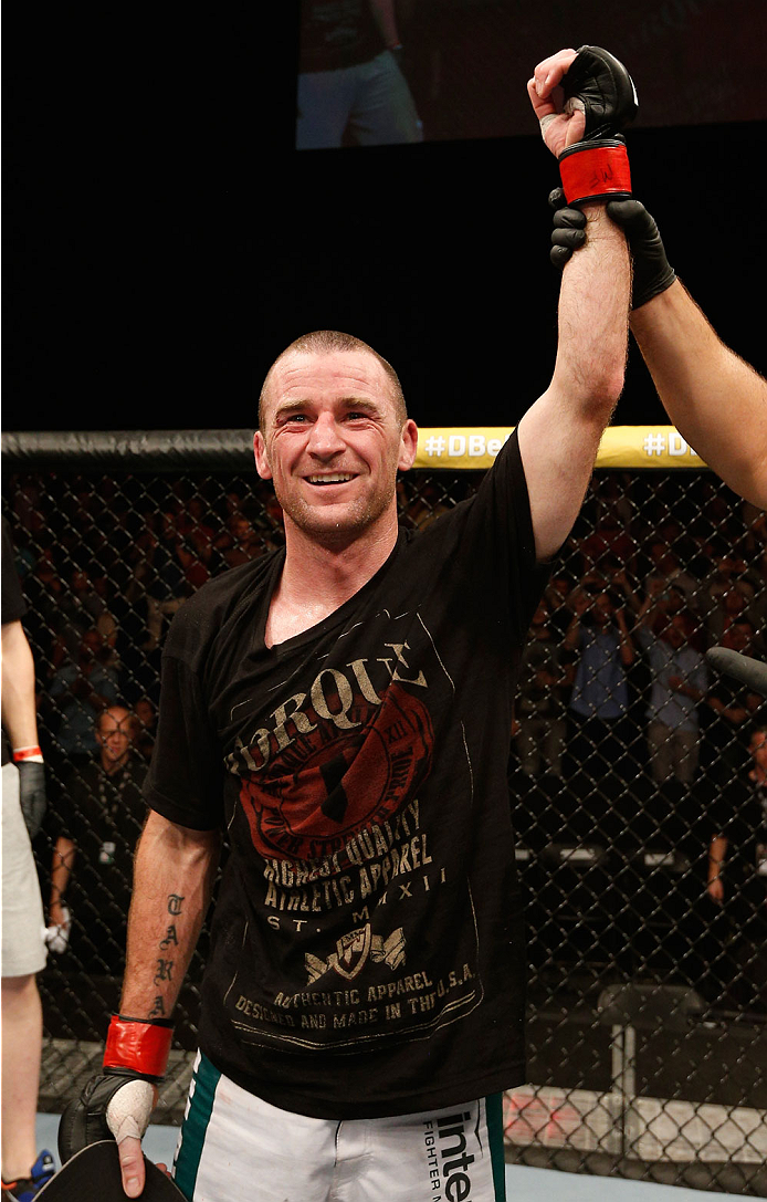 DUBLIN, IRELAND - JULY 19: Neil Seery celebrates after his unanimous-decision victory over Phil Harris in their flyweight bout during the UFC Fight Night event at The O2 Dublin on July 19, 2014 in Dublin, Ireland. (Photo by Josh Hedges/Zuffa LLC/Zuffa L