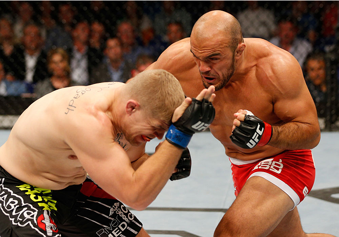 DUBLIN, IRELAND - JULY 19: (R-L) Ilir Latifi connects with a right to the head of Chris Dempsey in their light heavyweight bout during the UFC Fight Night event at The O2 Dublin on July 19, 2014 in Dublin, Ireland. (Photo by Josh Hedges/Zuffa LLC/Zuffa