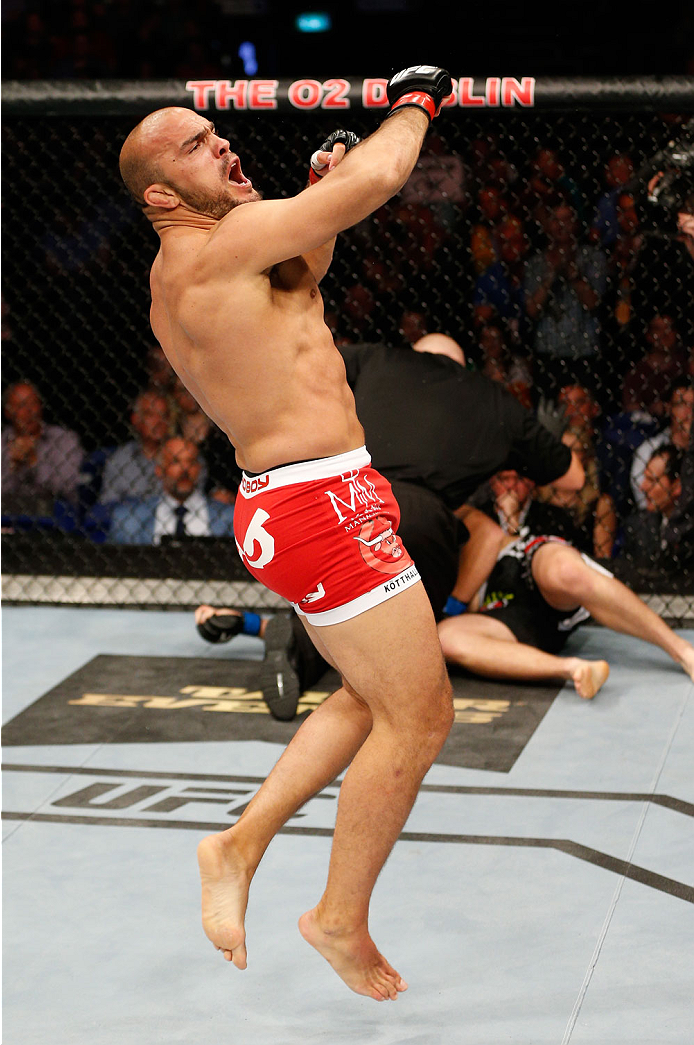 DUBLIN, IRELAND - JULY 19: Ilir Latifi celebrates after his TKO victory over Chris Dempsey in their light heavyweight bout during the UFC Fight Night event at The O2 Dublin on July 19, 2014 in Dublin, Ireland. (Photo by Josh Hedges/Zuffa LLC/Zuffa LLC v