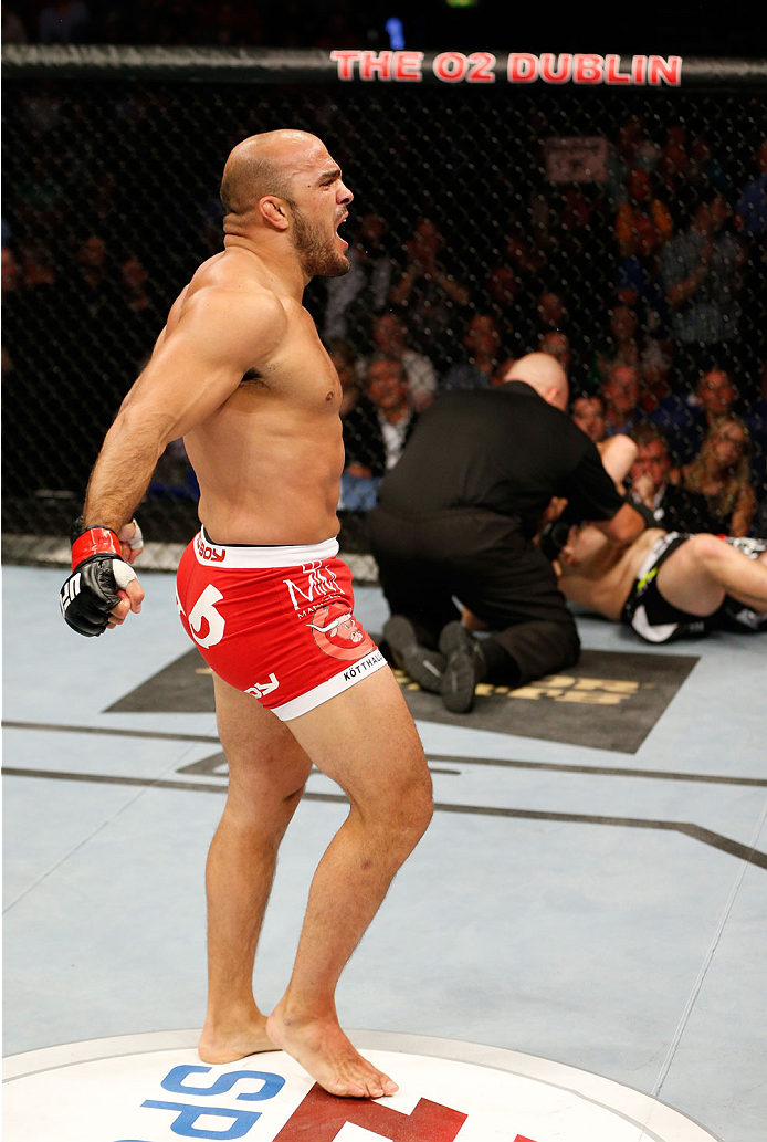 DUBLIN, IRELAND - JULY 19: Ilir Latifi celebrates after his TKO victory over Chris Dempsey in their light heavyweight bout during the UFC Fight Night event at The O2 Dublin on July 19, 2014 in Dublin, Ireland. (Photo by Josh Hedges/Zuffa LLC/Zuffa LLC v