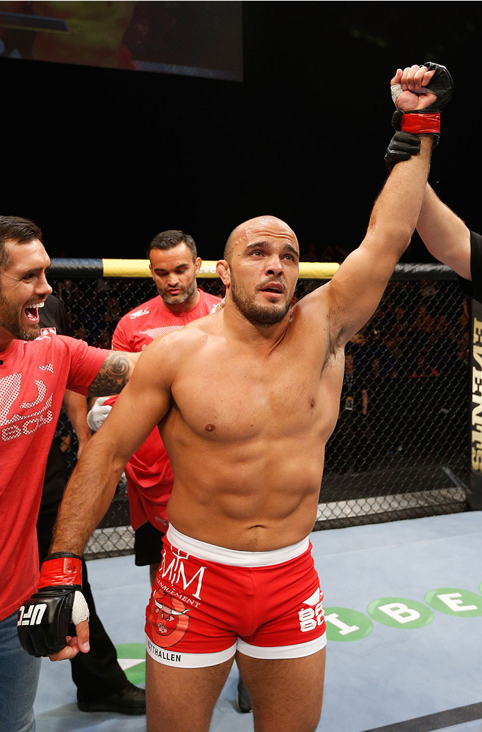 DUBLIN, IRELAND - JULY 19: Ilir Latifi celebrates after his TKO victory over Chris Dempsey in their light heavyweight bout during the UFC Fight Night event at The O2 Dublin on July 19, 2014 in Dublin, Ireland. (Photo by Josh Hedges/Zuffa LLC/Zuffa LLC v