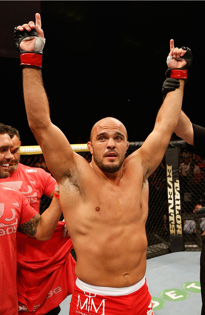 DUBLIN, IRELAND - JULY 19: Ilir Latifi celebrates after his TKO victory over Chris Dempsey in their light heavyweight bout during the UFC Fight Night event at The O2 Dublin on July 19, 2014 in Dublin, Ireland. (Photo by Josh Hedges/Zuffa LLC/Zuffa LLC v