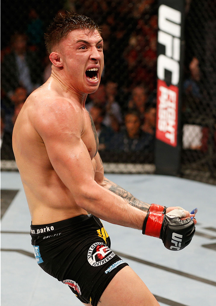 DUBLIN, IRELAND - JULY 19: Norman Parke celebrates after his TKO victory over Naoyuki Kotani in their lightweight bout during the UFC Fight Night event at The O2 Dublin on July 19, 2014 in Dublin, Ireland. (Photo by Josh Hedges/Zuffa LLC/Zuffa LLC via G