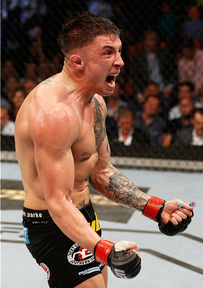 DUBLIN, IRELAND - JULY 19: Norman Parke celebrates after his TKO victory over Naoyuki Kotani in their lightweight bout during the UFC Fight Night event at The O2 Dublin on July 19, 2014 in Dublin, Ireland. (Photo by Josh Hedges/Zuffa LLC/Zuffa LLC via G