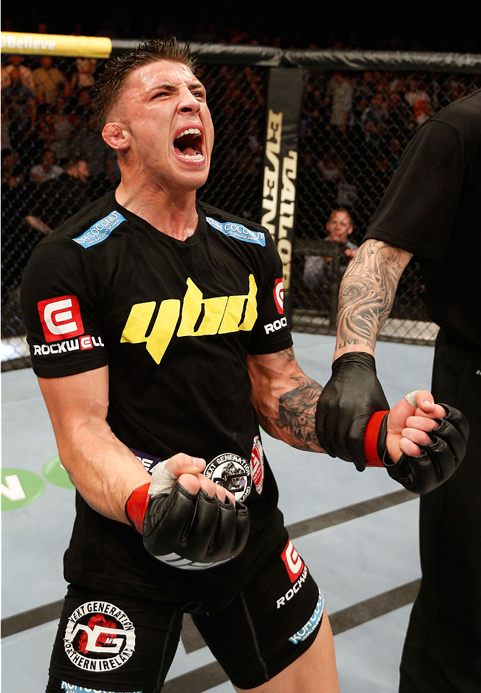 DUBLIN, IRELAND - JULY 19: Norman Parke celebrates after his TKO victory over Naoyuki Kotani in their lightweight bout during the UFC Fight Night event at The O2 Dublin on July 19, 2014 in Dublin, Ireland. (Photo by Josh Hedges/Zuffa LLC/Zuffa LLC via G