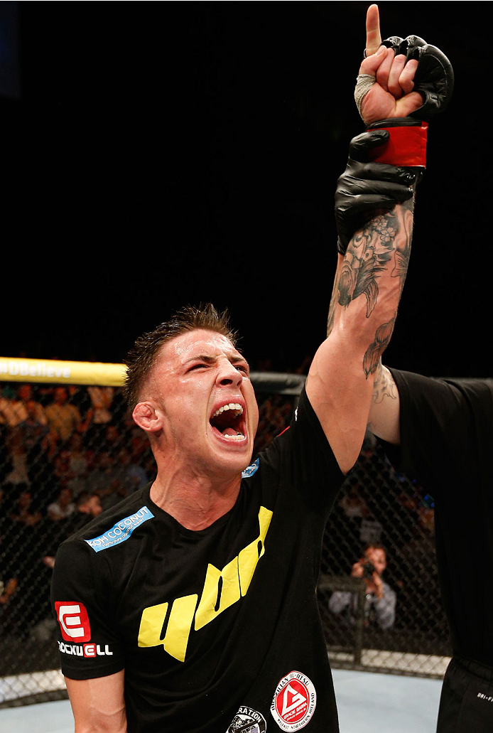 DUBLIN, IRELAND - JULY 19: Norman Parke celebrates after his TKO victory over Naoyuki Kotani in their lightweight bout during the UFC Fight Night event at The O2 Dublin on July 19, 2014 in Dublin, Ireland. (Photo by Josh Hedges/Zuffa LLC/Zuffa LLC via G