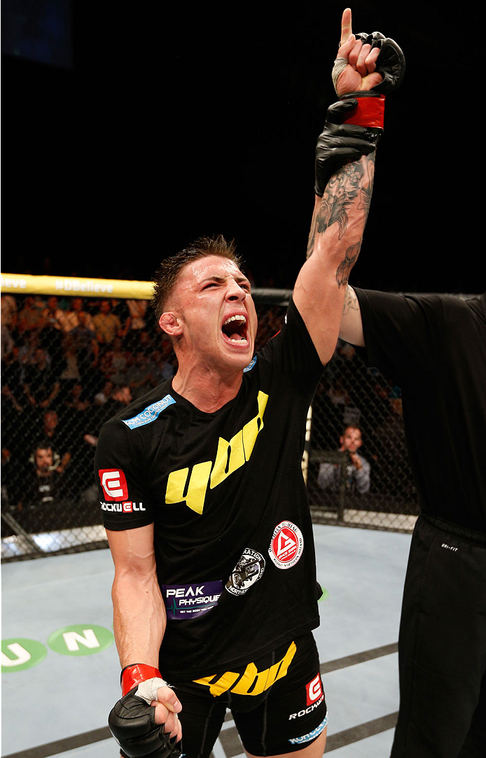 DUBLIN, IRELAND - JULY 19: Norman Parke celebrates after his TKO victory over Naoyuki Kotani in their lightweight bout during the UFC Fight Night event at The O2 Dublin on July 19, 2014 in Dublin, Ireland. (Photo by Josh Hedges/Zuffa LLC/Zuffa LLC via G