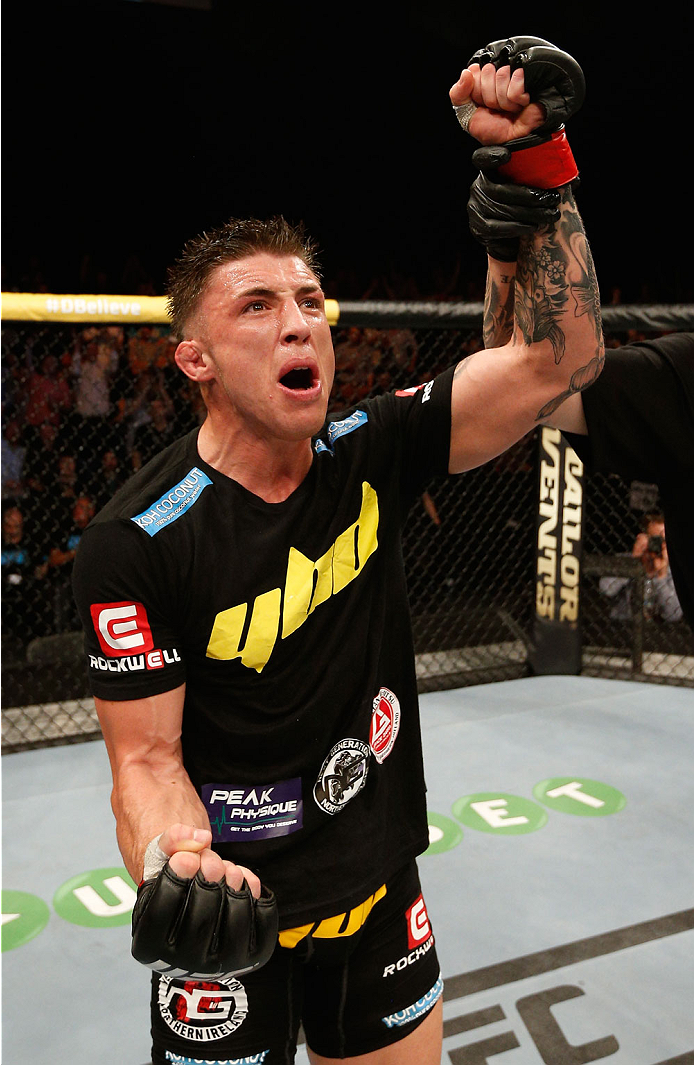 DUBLIN, IRELAND - JULY 19: Norman Parke celebrates after his TKO victory over Naoyuki Kotani in their lightweight bout during the UFC Fight Night event at The O2 Dublin on July 19, 2014 in Dublin, Ireland. (Photo by Josh Hedges/Zuffa LLC/Zuffa LLC via G