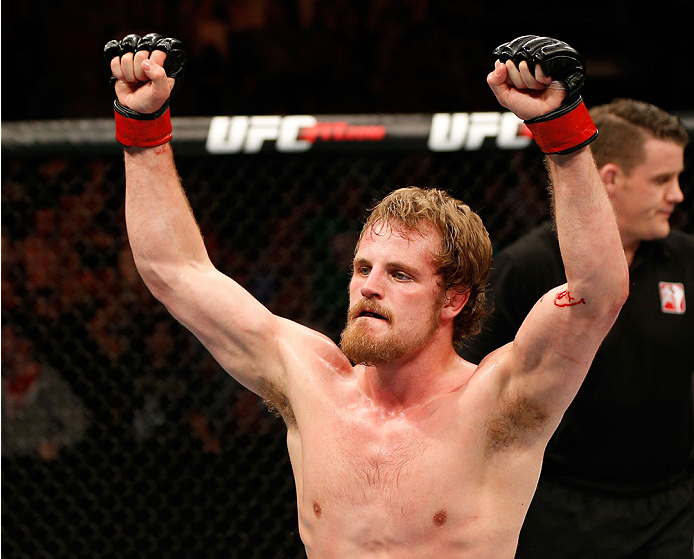 DUBLIN, IRELAND - JULY 19: Gunnar Nelson celebrates after his submission victory over Zak Cummings in their welterweight bout during the UFC Fight Night event at The O2 Dublin on July 19, 2014 in Dublin, Ireland. (Photo by Josh Hedges/Zuffa LLC/Zuffa LL