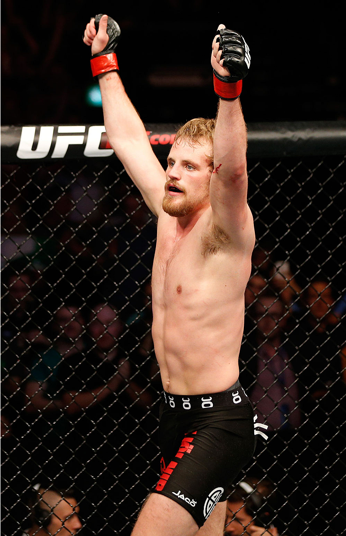 DUBLIN, IRELAND - JULY 19: Gunnar Nelson celebrates after his submission victory over Zak Cummings in their welterweight bout during the UFC Fight Night event at The O2 Dublin on July 19, 2014 in Dublin, Ireland. (Photo by Josh Hedges/Zuffa LLC/Zuffa LL