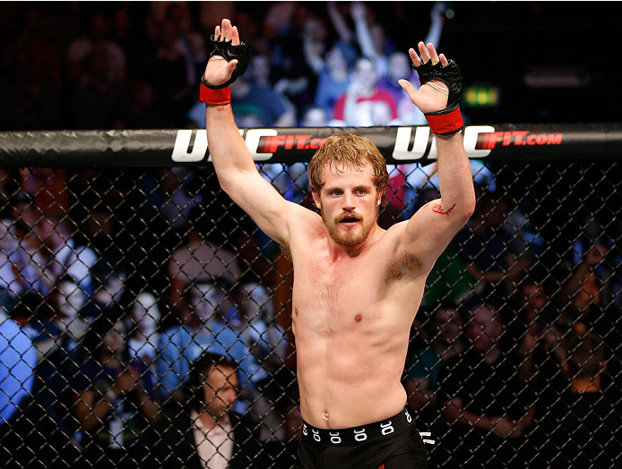 DUBLIN, IRELAND - JULY 19: Gunnar Nelson celebrates after his submission victory over Zak Cummings in their welterweight bout during the UFC Fight Night event at The O2 Dublin on July 19, 2014 in Dublin, Ireland. (Photo by Josh Hedges/Zuffa LLC/Zuffa LL