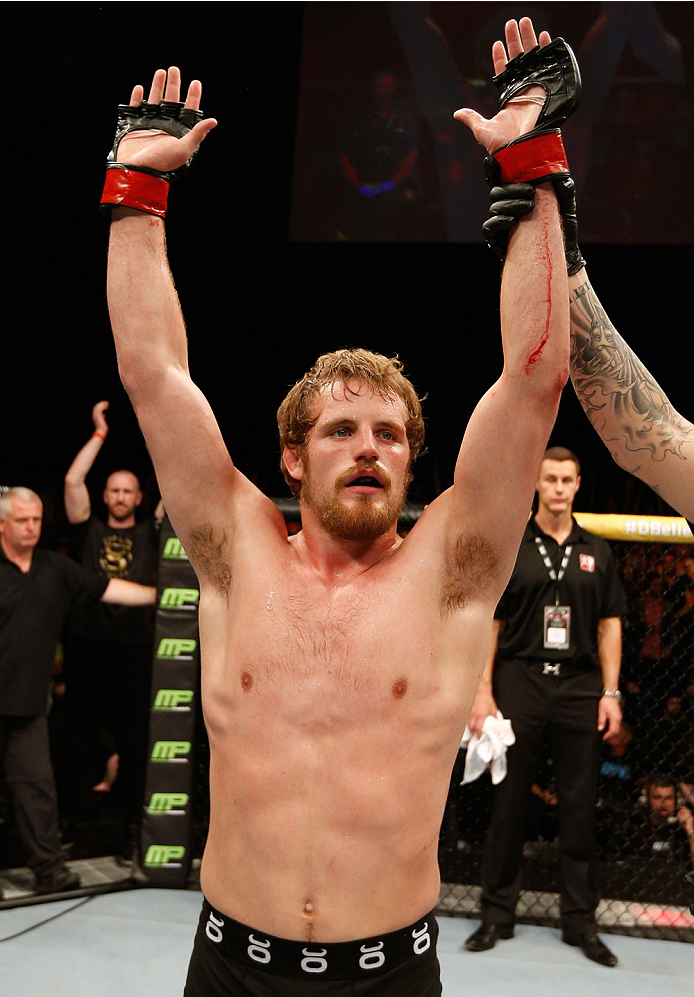 DUBLIN, IRELAND - JULY 19: Gunnar Nelson celebrates after his submission victory over Zak Cummings in their welterweight bout during the UFC Fight Night event at The O2 Dublin on July 19, 2014 in Dublin, Ireland. (Photo by Josh Hedges/Zuffa LLC/Zuffa LL