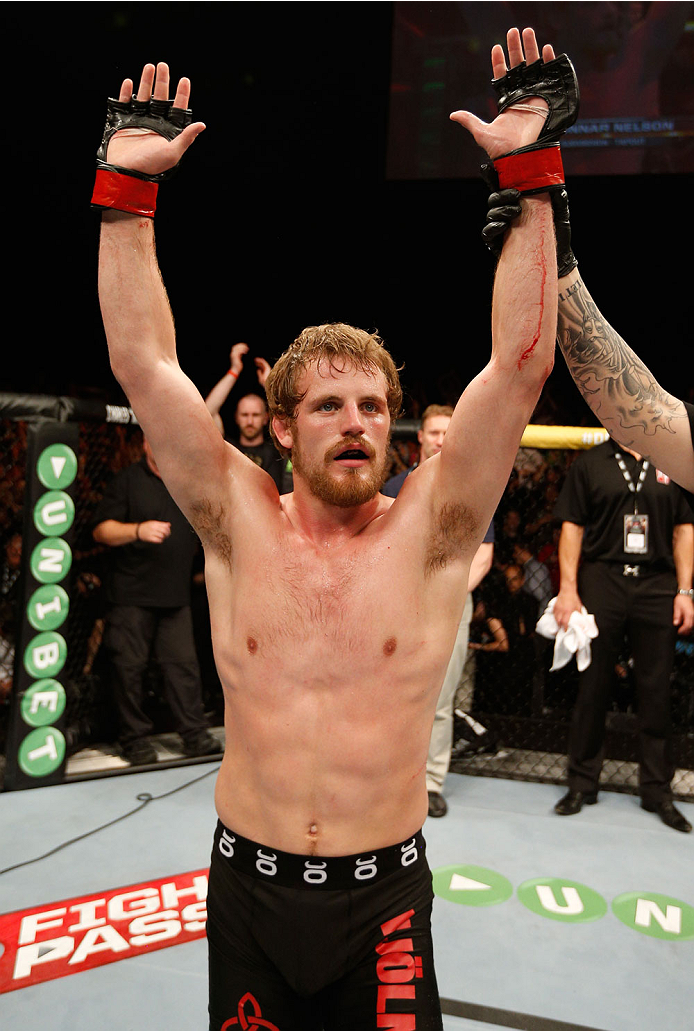 DUBLIN, IRELAND - JULY 19: Gunnar Nelson celebrates after his submission victory over Zak Cummings in their welterweight bout during the UFC Fight Night event at The O2 Dublin on July 19, 2014 in Dublin, Ireland. (Photo by Josh Hedges/Zuffa LLC/Zuffa LL
