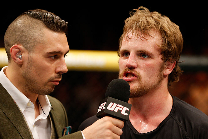 DUBLIN, IRELAND - JULY 19: (R-L) Gunnar Nelson is interviewed by Dan Hardy after his submission victory over Zak Cummings in their welterweight bout during the UFC Fight Night event at The O2 Dublin on July 19, 2014 in Dublin, Ireland. (Photo by Josh He