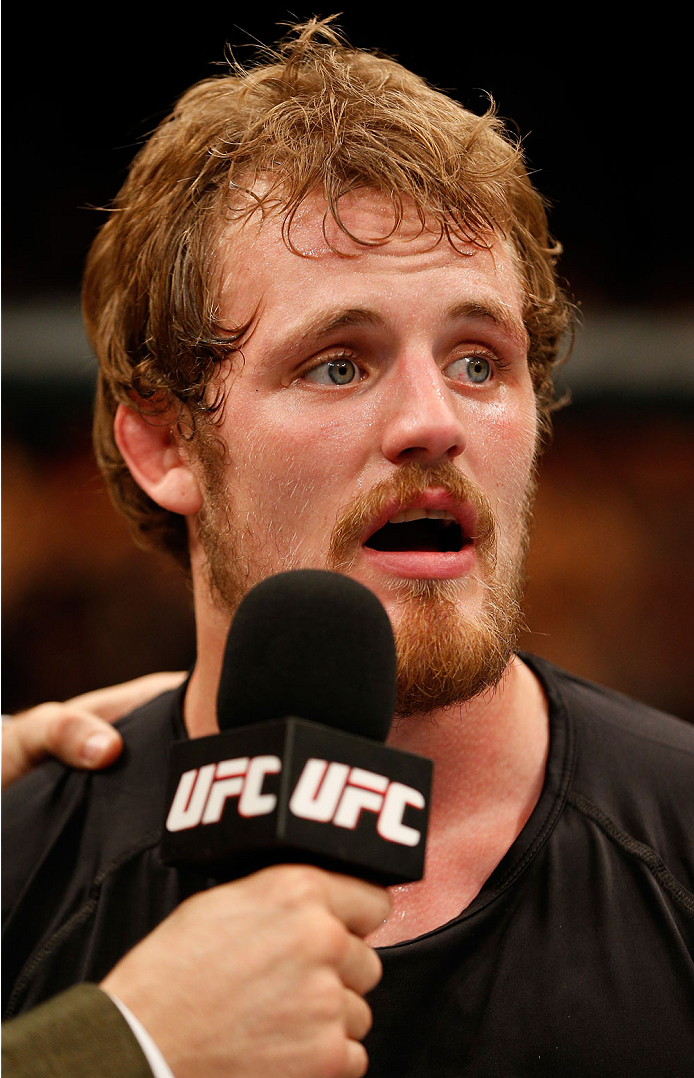DUBLIN, IRELAND - JULY 19: Gunnar Nelson is interviewed by Dan Hardy after his submission victory over Zak Cummings in their welterweight bout during the UFC Fight Night event at The O2 Dublin on July 19, 2014 in Dublin, Ireland. (Photo by Josh Hedges/Z