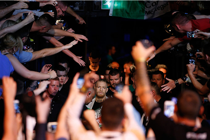DUBLIN, IRELAND - JULY 19: Conor McGregor enters the arena before his featherweight bout against Diego Brandao during the UFC Fight Night event at The O2 Dublin on July 19, 2014 in Dublin, Ireland. (Photo by Josh Hedges/Zuffa LLC/Zuffa LLC via Getty Ima