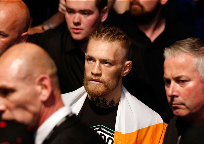 DUBLIN, IRELAND - JULY 19: Conor McGregor enters the arena before his featherweight bout against Diego Brandao during the UFC Fight Night event at The O2 Dublin on July 19, 2014 in Dublin, Ireland. (Photo by Josh Hedges/Zuffa LLC/Zuffa LLC via Getty Ima