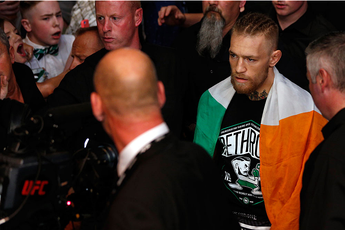 DUBLIN, IRELAND - JULY 19: Conor McGregor enters the arena before his featherweight bout against Diego Brandao during the UFC Fight Night event at The O2 Dublin on July 19, 2014 in Dublin, Ireland. (Photo by Josh Hedges/Zuffa LLC/Zuffa LLC via Getty Ima