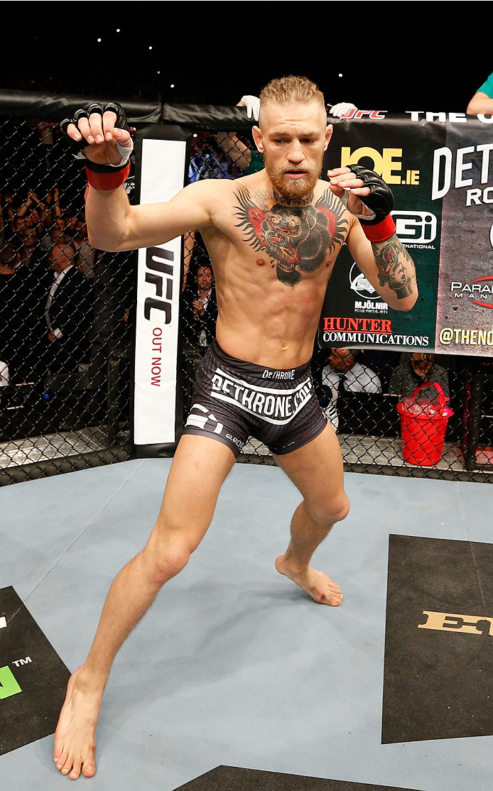 DUBLIN, IRELAND - JULY 19: Conor McGregor enters the Octagon before his featherweight bout against Diego Brandao during the UFC Fight Night event at The O2 Dublin on July 19, 2014 in Dublin, Ireland. (Photo by Josh Hedges/Zuffa LLC/Zuffa LLC via Getty I