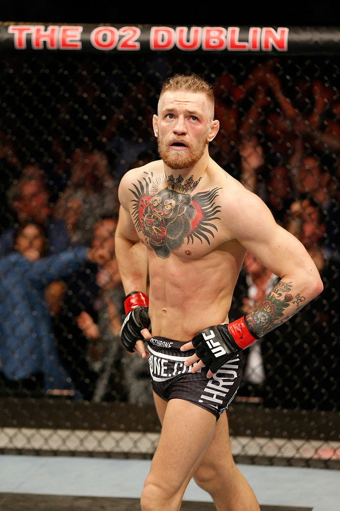 DUBLIN, IRELAND - JULY 19: Conor McGregor celebrates after his TKO victory over Diego Brandao in their featherweight bout during the UFC Fight Night event at The O2 Dublin on July 19, 2014 in Dublin, Ireland. (Photo by Josh Hedges/Zuffa LLC/Zuffa LLC vi