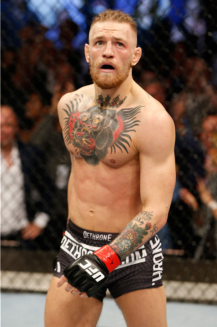 DUBLIN, IRELAND - JULY 19: Conor McGregor celebrates after his TKO victory over Diego Brandao in their featherweight bout during the UFC Fight Night event at The O2 Dublin on July 19, 2014 in Dublin, Ireland. (Photo by Josh Hedges/Zuffa LLC/Zuffa LLC vi