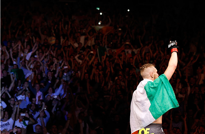 DUBLIN, IRELAND - JULY 19: Conor McGregor celebrates after his TKO victory over Diego Brandao in their featherweight bout during the UFC Fight Night event at The O2 Dublin on July 19, 2014 in Dublin, Ireland. (Photo by Josh Hedges/Zuffa LLC/Zuffa LLC vi