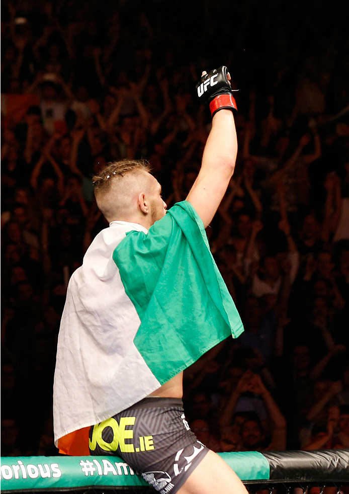 DUBLIN, IRELAND - JULY 19: Conor McGregor celebrates after his TKO victory over Diego Brandao in their featherweight bout during the UFC Fight Night event at The O2 Dublin on July 19, 2014 in Dublin, Ireland. (Photo by Josh Hedges/Zuffa LLC/Zuffa LLC vi
