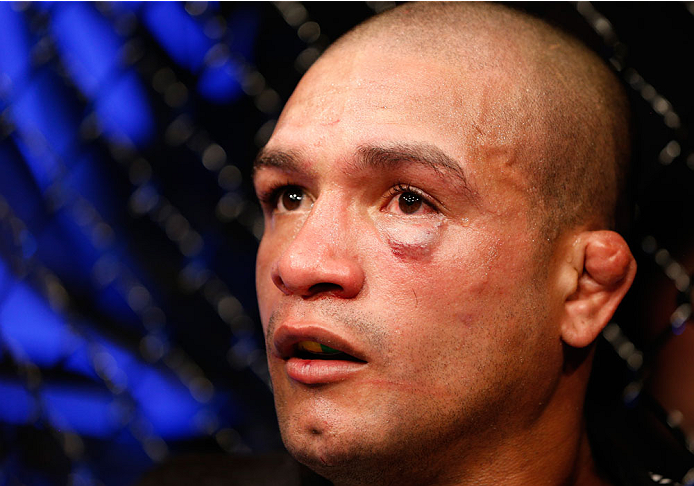 DUBLIN, IRELAND - JULY 19: Diego Brandao reacts after his TKO loss to Conor McGregor in their featherweight bout during the UFC Fight Night event at The O2 Dublin on July 19, 2014 in Dublin, Ireland. (Photo by Josh Hedges/Zuffa LLC/Zuffa LLC via Getty I