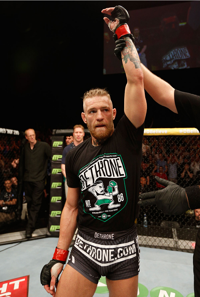 DUBLIN, IRELAND - JULY 19: Conor McGregor celebrates after his TKO victory over Diego Brandao in their featherweight bout during the UFC Fight Night event at The O2 Dublin on July 19, 2014 in Dublin, Ireland. (Photo by Josh Hedges/Zuffa LLC/Zuffa LLC vi