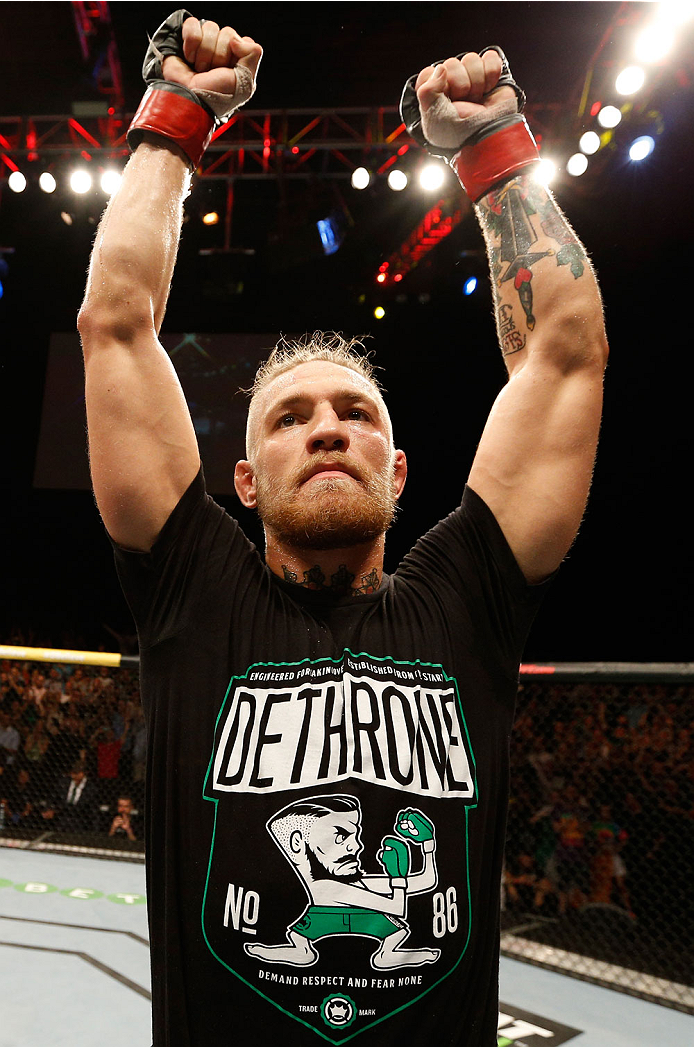 DUBLIN, IRELAND - JULY 19: Conor McGregor celebrates after his TKO victory over Diego Brandao in their featherweight bout during the UFC Fight Night event at The O2 Dublin on July 19, 2014 in Dublin, Ireland. (Photo by Josh Hedges/Zuffa LLC/Zuffa LLC vi