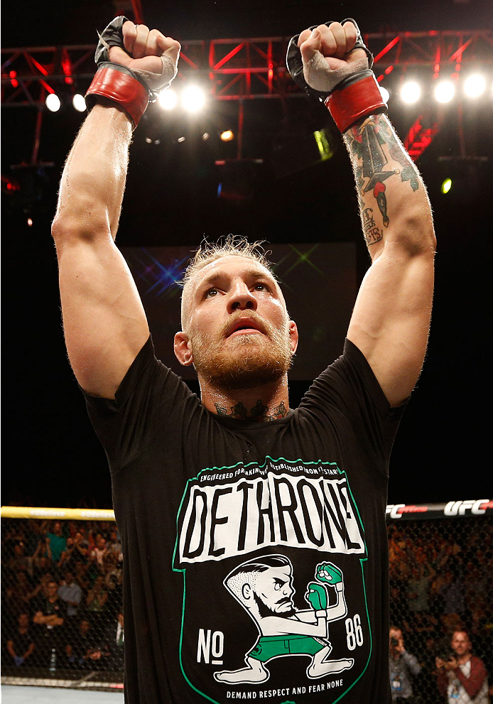 DUBLIN, IRELAND - JULY 19: Conor McGregor celebrates after his TKO victory over Diego Brandao in their featherweight bout during the UFC Fight Night event at The O2 Dublin on July 19, 2014 in Dublin, Ireland. (Photo by Josh Hedges/Zuffa LLC/Zuffa LLC vi