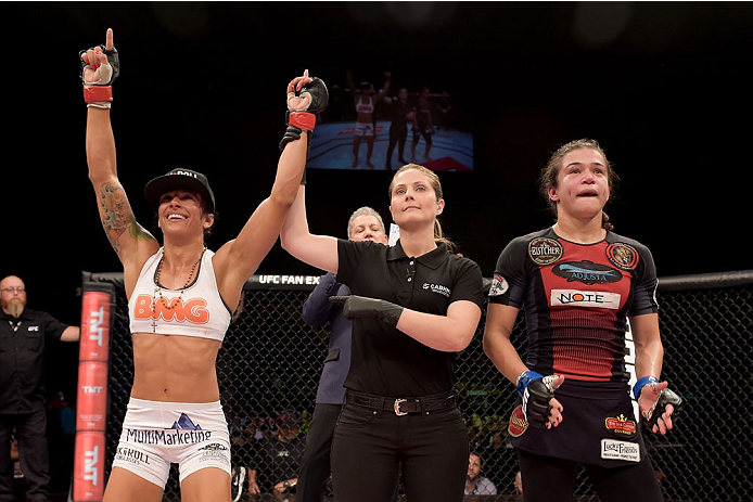 GOIANIA, BRAZIL - MAY 30: Juliana Lima of Brazil celebrates victory over Ericka Almeida in their UFC strawweight bout during the UFC Fight Night Condit v Alves at Arena Goiania on May 30, 2015 in Goiania. (Photo by Buda Mendes/Zuffa LLC/Zuffa LLC via Ge