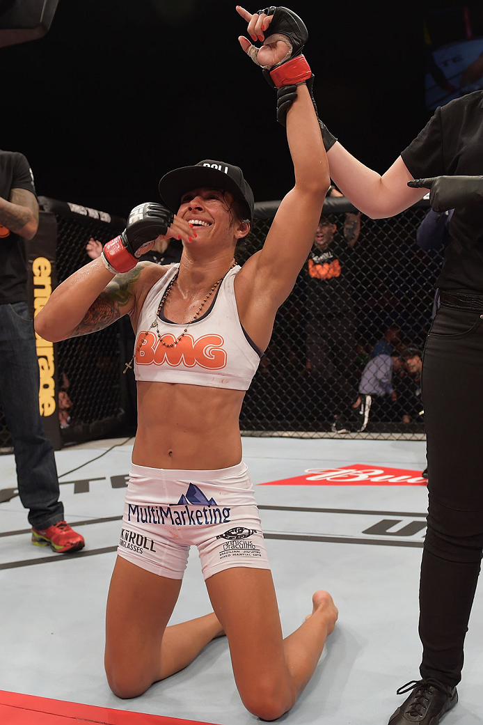 GOIANIA, BRAZIL - MAY 30: Juliana Lima of Brazil celebrates victory over Ericka Almeida in their UFC strawweight bout during the UFC Fight Night Condit v Alves at Arena Goiania on May 30, 2015 in Goiania. (Photo by Buda Mendes/Zuffa LLC/Zuffa LLC via Ge