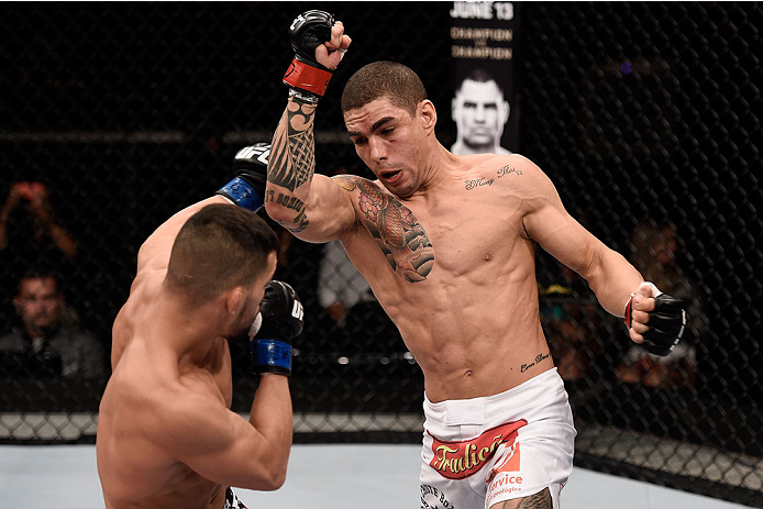 GOIANIA, BRAZIL - MAY 31: Lucas Martins of Brazil punches Mirsad Bektic of Bosnia in their featherweight UFC bout during the UFC Fight Night Condit v Alves at Arena Goiania on May 30, 2015 in Goiania. (Photo by Buda Mendes/Zuffa LLC/Zuffa LLC via Getty