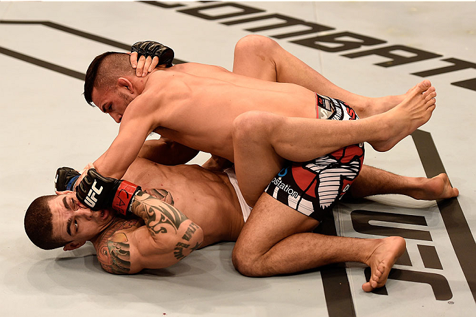 GOIANIA, BRAZIL - MAY 30: Mirsad Bektic of Bosnia and Lucas Martins of Brazil in their featherweight UFC bout during the UFC Fight Night Condit v Alves at Arena Goiania on May 30, 2015 in Goiania. (Photo by Buda Mendes/Zuffa LLC/Zuffa LLC via Getty Imag