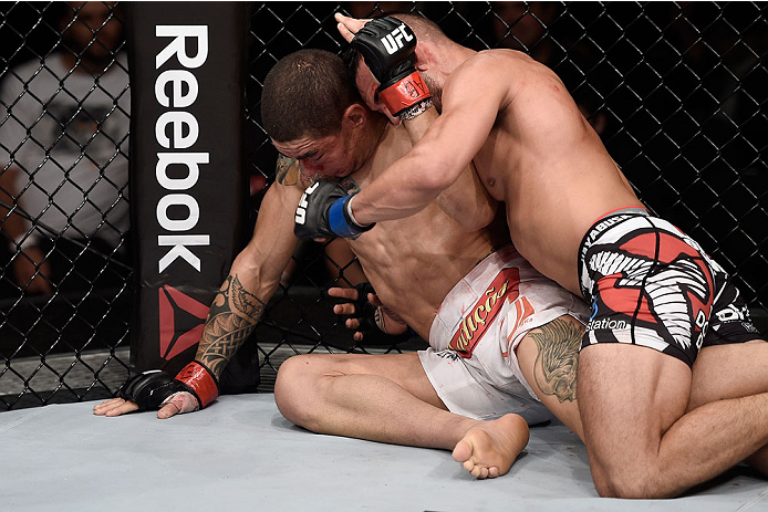 GOIANIA, BRAZIL - MAY 30: Mirsad Bektic of Bosnia and Lucas Martins of Brazil in their featherweight UFC bout during the UFC Fight Night Condit v Alves at Arena Goiania on May 30, 2015 in Goiania. (Photo by Buda Mendes/Zuffa LLC/Zuffa LLC via Getty Imag