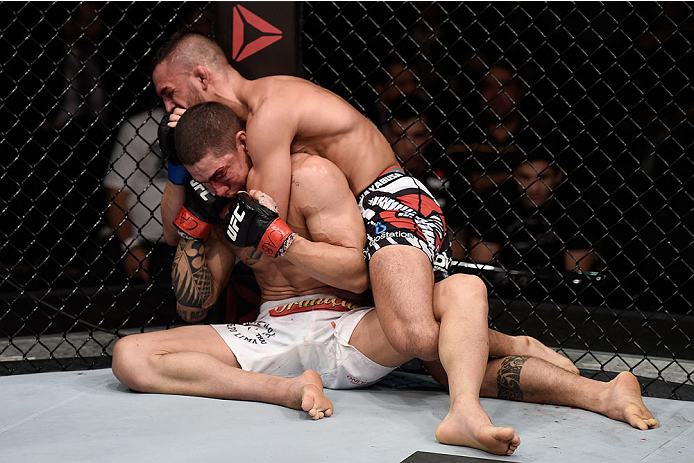 GOIANIA, BRAZIL - MAY 30: Mirsad Bektic of Bosnia and Lucas Martins of Brazil in their featherweight UFC bout during the UFC Fight Night Condit v Alves at Arena Goiania on May 30, 2015 in Goiania. (Photo by Buda Mendes/Zuffa LLC/Zuffa LLC via Getty Imag
