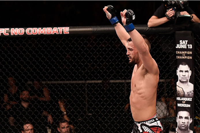 GOIANIA, BRAZIL - MAY 30: Mirsad Bektic of Bosnia celebrates his victore over Lucas Martins of Brazil in their featherweight UFC bout during the UFC Fight Night Condit v Alves at Arena Goiania on May 30, 2015 in Goiania. (Photo by Buda Mendes/Zuffa LLC/