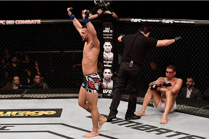 GOIANIA, BRAZIL - MAY 30: Mirsad Bektic of Bosnia celebrates his victore over Lucas Martins of Brazil in their featherweight UFC bout during the UFC Fight Night Condit v Alves at Arena Goiania on May 30, 2015 in Goiania. (Photo by Buda Mendes/Zuffa LLC/