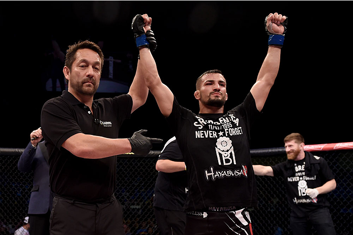 GOIANIA, BRAZIL - MAY 30: Mirsad Bektic of Bosnia celebrates his victore over Lucas Martins of Brazil in their featherweight UFC bout during the UFC Fight Night Condit v Alves at Arena Goiania on May 30, 2015 in Goiania. (Photo by Buda Mendes/Zuffa LLC/