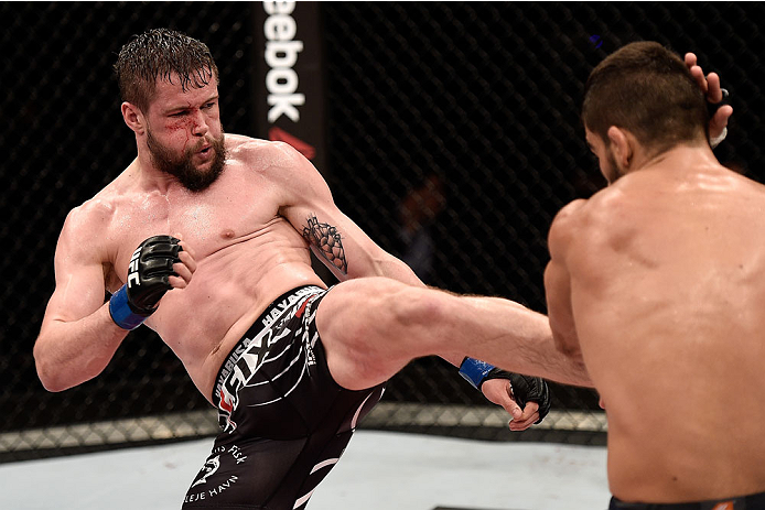 GOIANIA, BRAZIL - MAY 30: Nicolas Dalby of Denmark kicks Elizeu Zaleski dos Santos of Brazil in their welterweight UFC bout during the UFC Fight Night Condit v Alves at Arena Goiania on May 30, 2015 in Goiania. (Photo by Buda Mendes/Zuffa LLC/Zuffa LLC