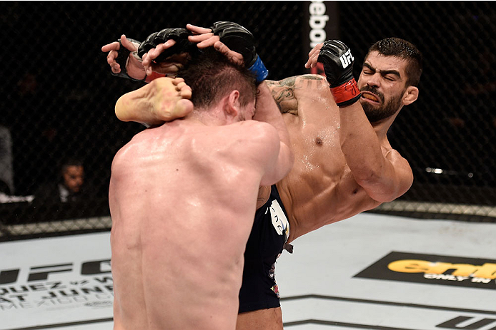 GOIANIA, BRAZIL - MAY 30: Elizeu Zaleski dos Santos of Brazil kicks Nicolas Dalby of Denmark in their welterweight UFC bout during the UFC Fight Night Condit v Alves at Arena Goiania on May 30, 2015 in Goiania. (Photo by Buda Mendes/Zuffa LLC/Zuffa LLC