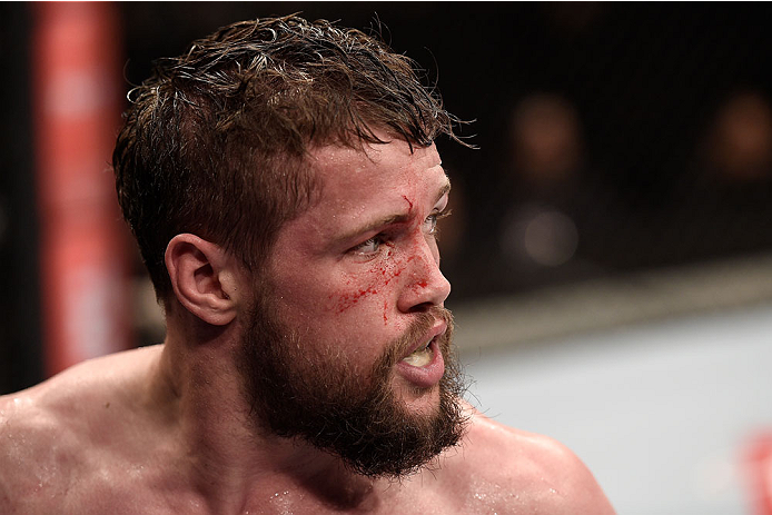 GOIANIA, BRAZIL - MAY 30: Nicolas Dalby of Denmark looks on during his welterweight UFC bout Elizeu Zaleski dos Santos of Brazil during the UFC Fight Night Condit v Alves at Arena Goiania on May 30, 2015 in Goiania. (Photo by Buda Mendes/Zuffa LLC/Zuffa