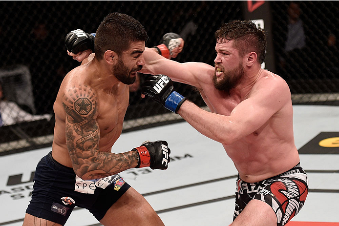 GOIANIA, BRAZIL - MAY 30: Nicolas Dalby of Denmark punches Elizeu Zaleski dos Santos of Brazil in their welterweight UFC bout during the UFC Fight Night Condit v Alves at Arena Goiania on May 30, 2015 in Goiania. (Photo by Buda Mendes/Zuffa LLC/Zuffa LL