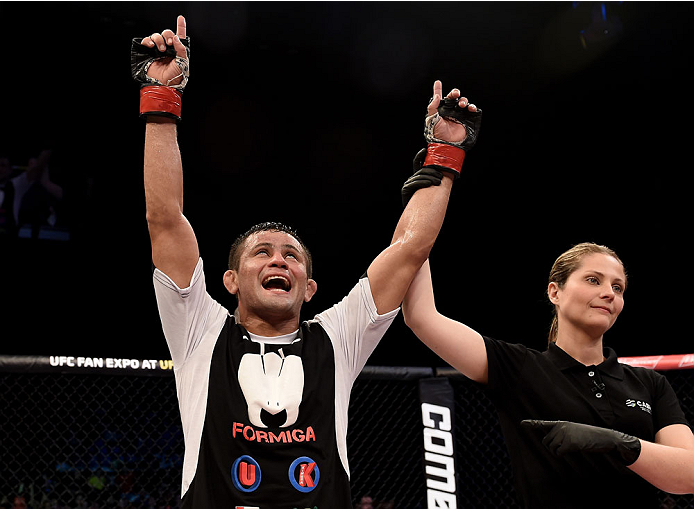 GOIANIA, BRAZIL - MAY 30: Jussier Formiga of Brazil celebrates his victory over Wilson Reis of Brazil in their UFC flyweight bout during the UFC Fight Night Condit v Alves at Arena Goiania on May 30, 2015 in Goiania. (Photo by Buda Mendes/Zuffa LLC/Zuff