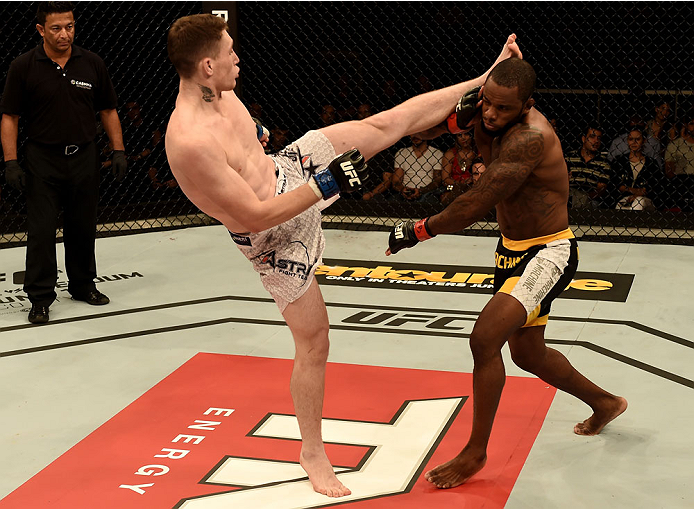 GOIANIA, BRAZIL - MAY 30: Darren Till of England kicks Wendell Oliveira of Brazil in their welterweight UFC bout during the UFC Fight Night event at Arena Goiania on May 30, 2015 in Goiania. (Photo by Buda Mendes/Zuffa LLC/Zuffa LLC via Getty Images)
