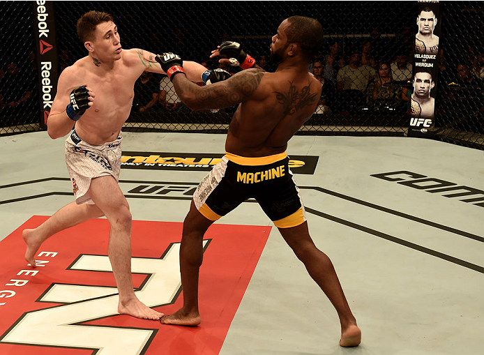 GOIANIA, BRAZIL - MAY 30: Darren Till of England punches Wendell Oliveira of Brazil in their welterweight UFC bout during the UFC Fight Night event at Arena Goiania on May 30, 2015 in Goiania. (Photo by Buda Mendes/Zuffa LLC/Zuffa LLC via Getty Images)