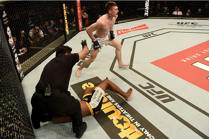 GOIANIA, BRAZIL - MAY 30: Darren Till of England celebrates victory over Wendell Oliveira of Brazil in their welterweight UFC bout during the UFC Fight Night event at Arena Goiania on May 30, 2015 in Goiania. (Photo by Buda Mendes/Zuffa LLC/Zuffa LLC v