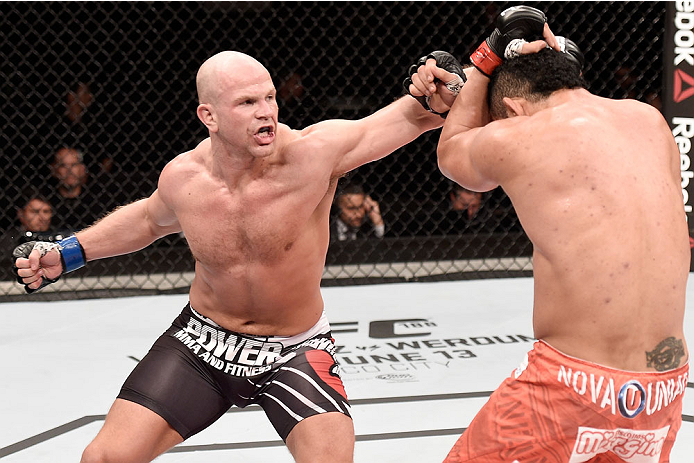 GOIANIA, BRAZIL - MAY 30: Ryan Jimmo of Canada punches Francimar Barroso of Brazil in their light heavyweight UFC bout during the UFC Fight Night event at Arena Goiania on May 30, 2015 in Goiania. (Photo by Buda Mendes/Zuffa LLC/Zuffa LLC via Getty Imag