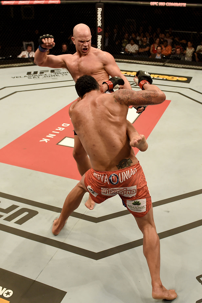 GOIANIA, BRAZIL - MAY 30: Ryan Jimmo of Canada kicks Francimar Barroso of Brazil in their light heavyweight UFC bout during the UFC Fight Night event at Arena Goiania on May 30, 2015 in Goiania. (Photo by Buda Mendes/Zuffa LLC/Zuffa LLC via Getty Images